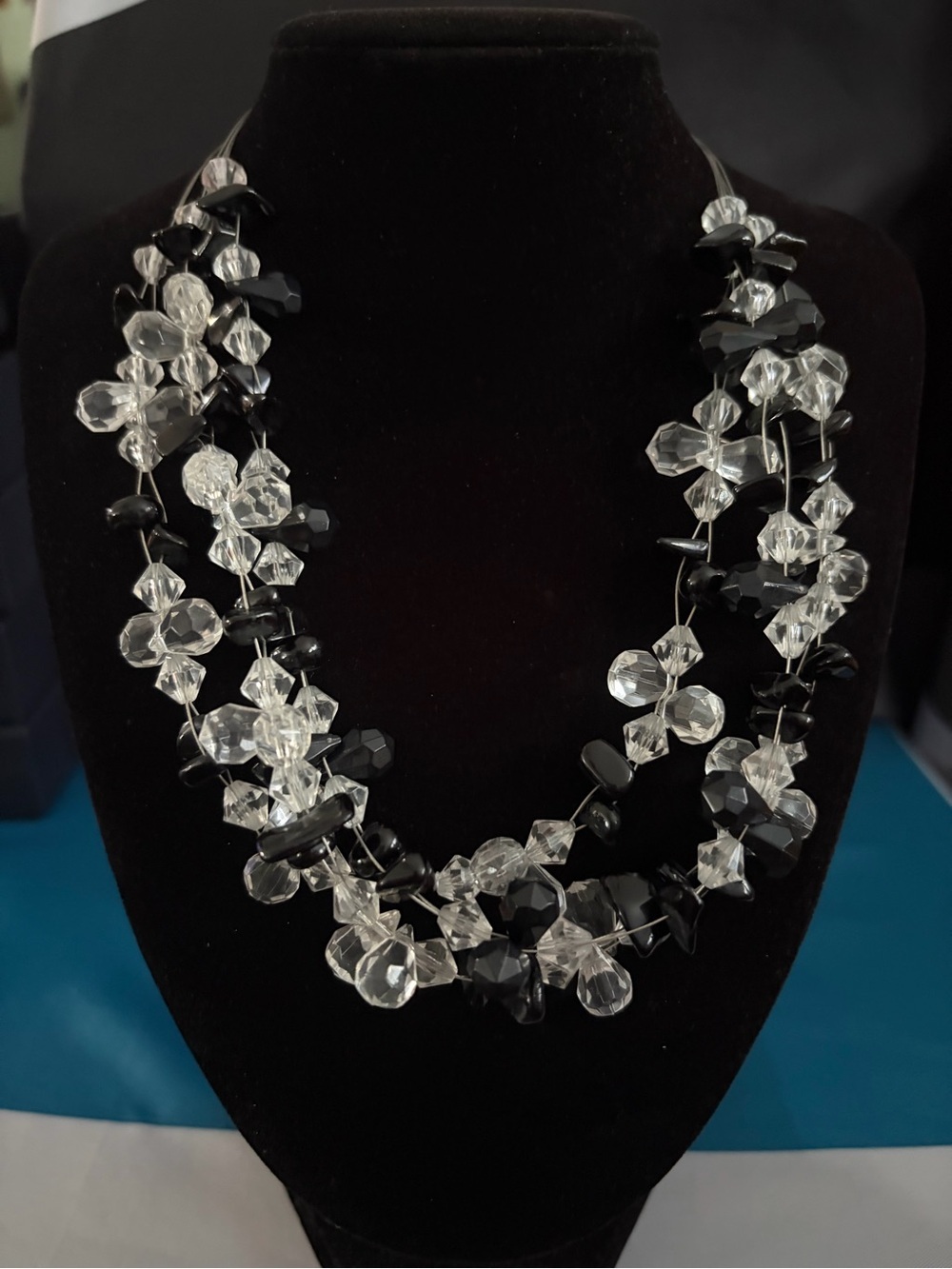 Multi-Strand Black and Clear Bead Necklace and earrings Women's Jewelry